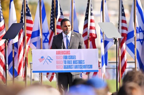 Rep. Ritchie Torres (D-NY) speaks o<em></em>nstage at the March For Israel at the Natio<em></em>nal Mall on November 14, 2023 in Washington, DC.