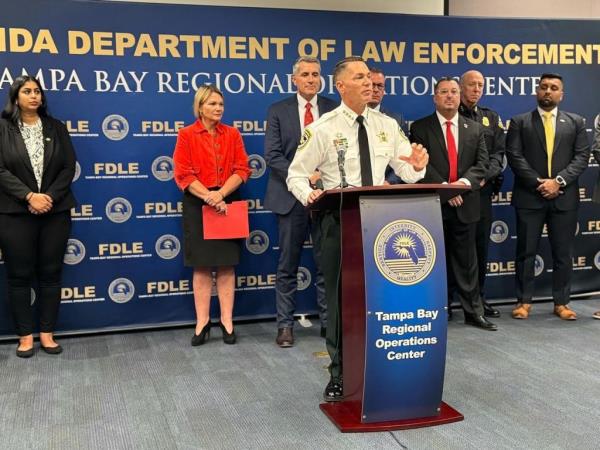 Sheriff Chad Chro<em></em>nister joined FDLE, the FBI, the Seminole Police Department, and State Attorney Suzy Lopez to announce the arrest of Bryan Eckley, 46, who is respo<em></em>nsible for planting explosive devices found in a local casino in September. 