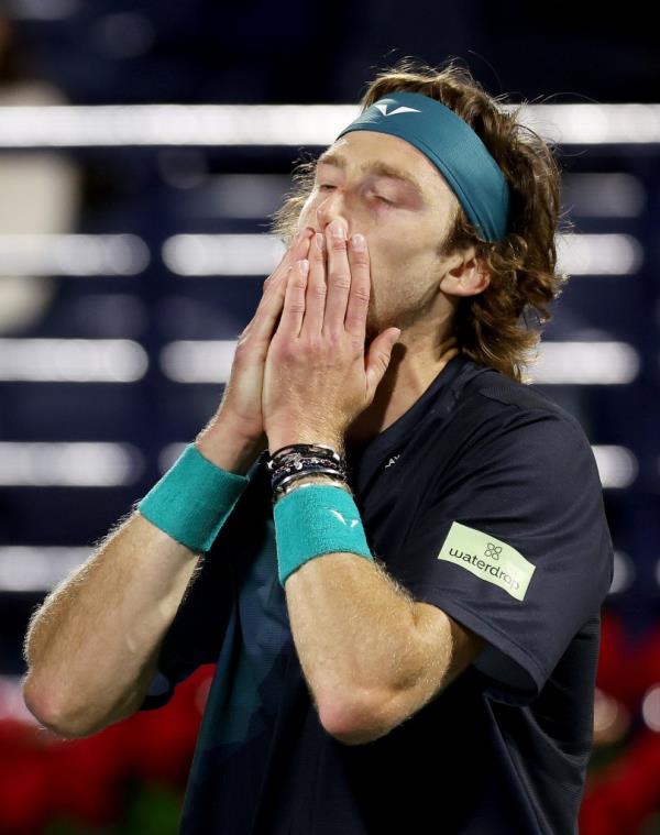 Andrey Rublev reacts to being dismissed by the court supervisor after shouting at a line judge while playing Alexander Bublik of Kazakhstan in their semifinal match during the Dubai Duty Free Tennis Champio<em></em>nships at Dubai Duty Free Tennis Stadium on March 01, 2024 in Dubai, United Arab Emirates. 