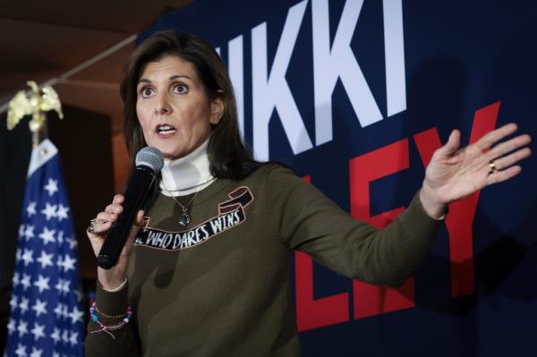 Republican presidential candidate former U.N. Ambassador Nikki Haley speaks during a campaign event at the Thunder Bay Grille on January 13, 2024 in Davenport, Iowa.