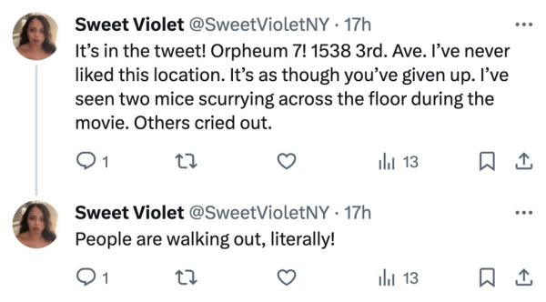 Sweet Violet posts to X in real time that mice are scurrying and patrons are scrambling for the exits.
