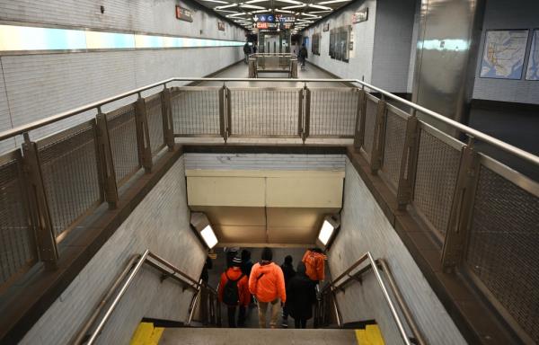 A group of six city outreach workers from DHS (Department of Homeless Services) and New York City Department of Health and Mental Hygiene were seen patrolling Fulton Center subway hub in Lower Manhattan.