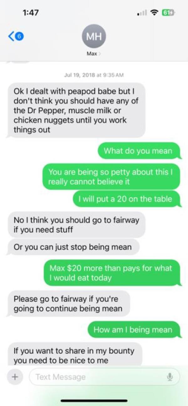 Another text exchange shows Hartman allegedly telling the woman what she is not allowed to eat.