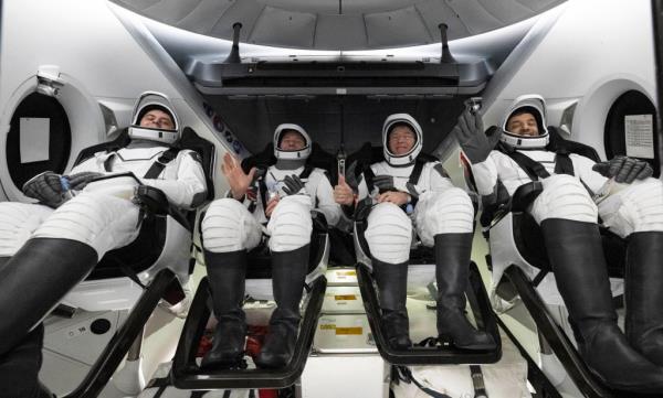 The four astro<em></em>nauts are seen inside a SpaceX capsule o<em></em>nboard the SpaceX recovery ship MEGAN shortly after havin<em></em>g landed in the Atlantic Ocean off the coast of Jacksonville, Fla., on Sept. 4, 2023. 