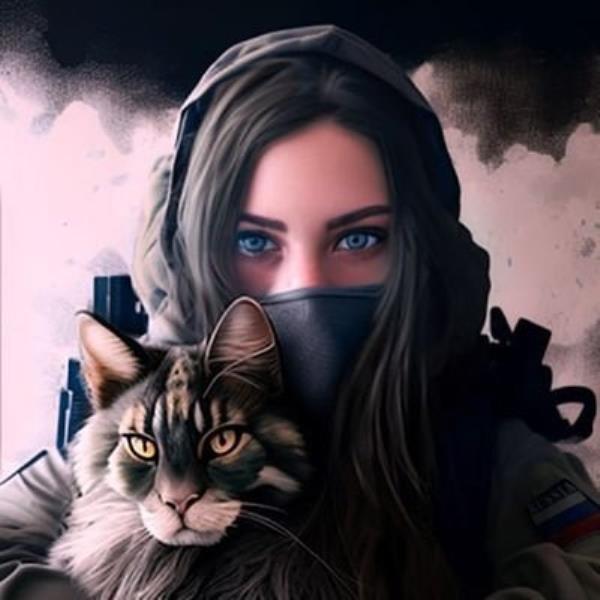 An image of a woman with blue eyes holding a cat in military gear.