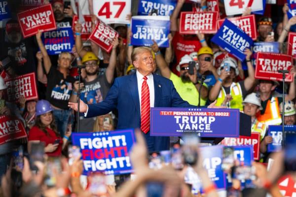 Former US President Do<em></em>nald Trump reacting as he arrives to speak at a political rally in Johnstown, Pennsylvania on September 4, 2024.