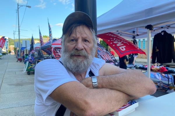 Ed Luce, an undecided voter with a beard and a cap in Johnstown, September 4, 2024.