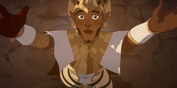 a character from the Dragon Prince wearing ceremo<em></em>nial robes and a headdress on his knees with his hands up in the air