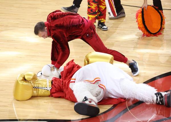 Co<em></em>nor McGregor and Mascot Burnie of the Miami Heat perform during halftime against the Denver Nuggets during Game Four of the 2023 NBA Finals.</p>
<p>