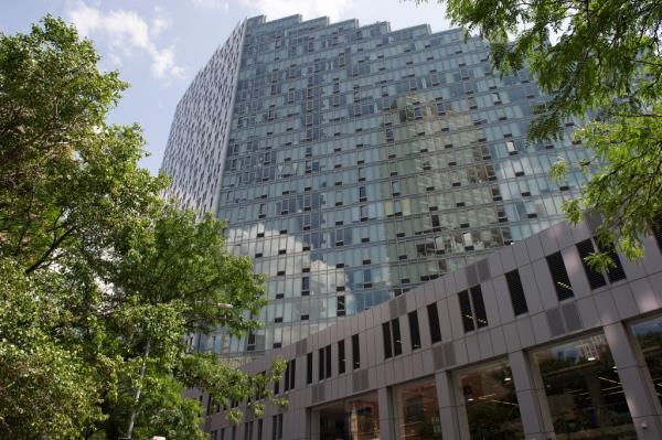 A large glass-covered luxury high rise apartment building in Hell's Kitchen.