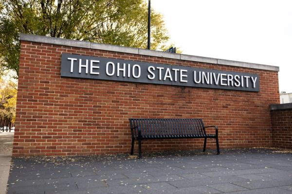 A sign is seen at the entrance of campus at The Ohio State University in Columbus, Ohio.