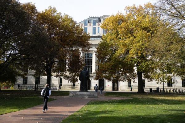 Students walk across the campus of The Ohio State University in Columbus, Ohio.