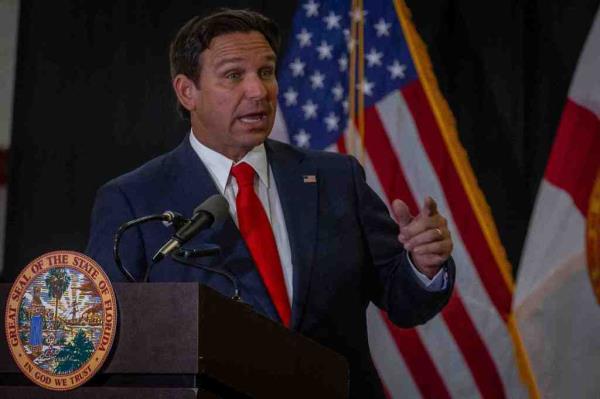 Governor Ron DeSantis speaks during a press co<em></em>nference at the PBSO Training Facility gymnasium on September 17, 2024, 