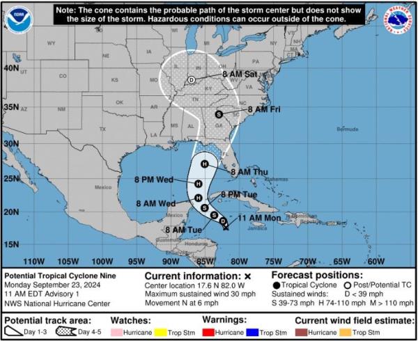 A forecast map for Tropical Cyclone Nine by the Natio<em></em>nal Hurricane Center, indicating a hurricane reaching the Gulf Coast or Big Bend region of Florida