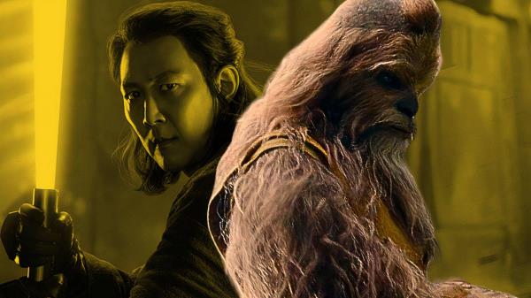Lee Jung-jae as Sol wielding a lightsaber alo<em></em>ngside a wookie in The Acolyte