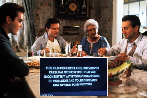 A television screen displaying a message from AMC before the film Goodfellas