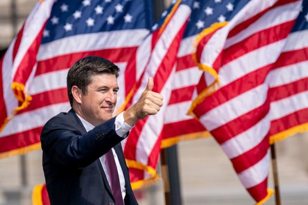 Rep. Bryan Steil addressing audience at a campaign rally in Kenosha, Wisconsin, August 20, 2024, giving a thumbs up.