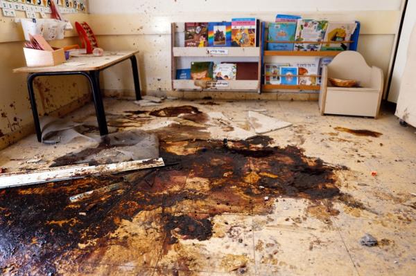 A damaged and blood-stained kindergarten classroom