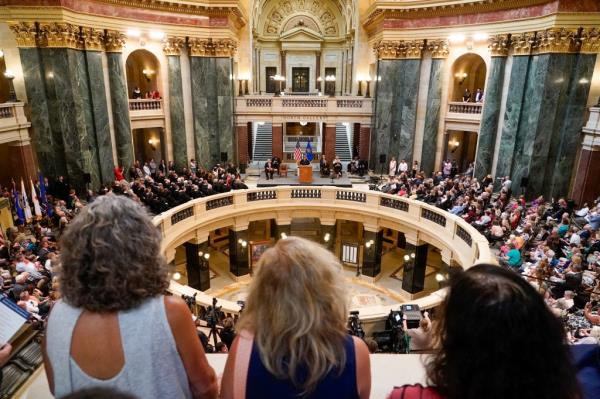 Janet Protasiewicz speaks after being sworn in as a Wisco<em></em>nsin Supreme Court justice.