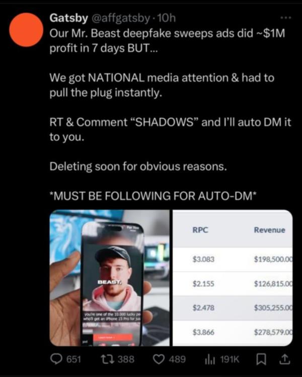 The now delet<em></em>ed tweet shows someone bragging a<em></em>bout making mo<em></em>ney from a Mr Beast deepfake. Picture: Supplied