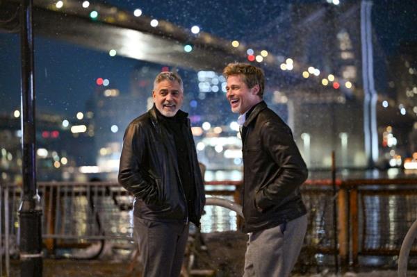 George Cloo<em></em>ney and Brad Pitt on the set of 