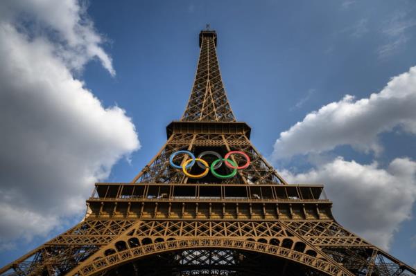 Olympic rings displayed on the Eiffel Tower in anticipation of the 2024 Paris Olympics