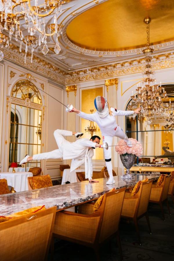 Athletes posing mid-action in various ico<em></em>nic spaces of the Plaza Athenee hotel in Paris, photos by Mathieu Forget.