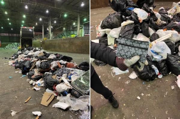 Split screen. On the left, a large pile of garbage and the back of a garbage truck in the distance. One the right, a hand holds up a small green wallet, with a pile of trash behind it. 