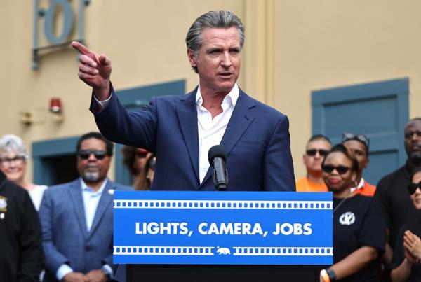California Governor Gavin Newsom speaking at a press co<em></em>nference at Raleigh Studios, Los Angeles, announcing an expansion proposal for the state's Film and Television Credit Program.