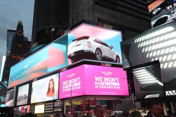 The Cadillac car reveal displayed their new fully electric Cadillac Escalade, a $130,000 luxury vehicle, in New York City Times Square on August 9, 2023.   