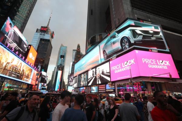 The new Cadillac car reveal appears on the Times Square billboards in New York City on August 9, 2023.