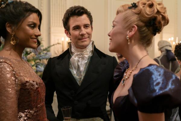 Simone Ashley as Kate Sharma, Luke Thompson as Benedict Bridgerton, Hannah New as Lady Tilley Arnold.