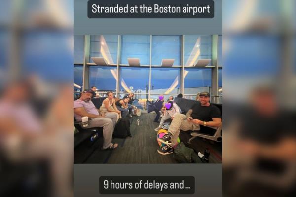 People sitting at airport gate with caption 