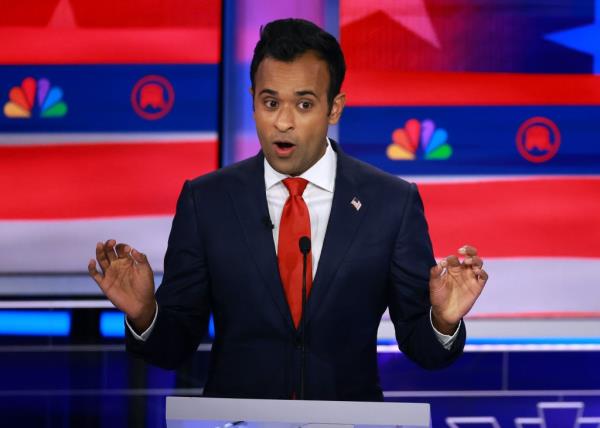 Republican presidential candidate Vivek Ramaswamy speaks during the NBC News Republican Presidential Primary Debate at the Adrienne Arsht Center for the Performing Arts of Miami-Dade County.