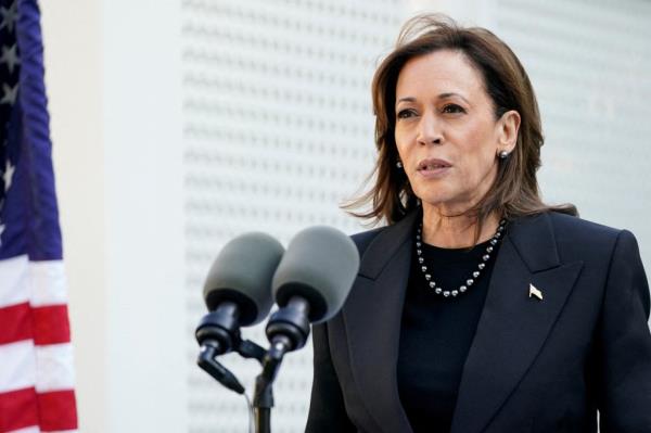 U.S. Vice President Kamala Harris delivering a speech at the Vice President's residence, marking the anniversary of Hamas attacks on Israel, in October 2024.