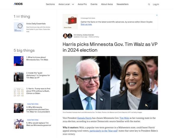 Screenshot of the Axios homepage on August 6th featuring news a<em></em>bout company layoffs and images of Tim Walz and Kamala Harris