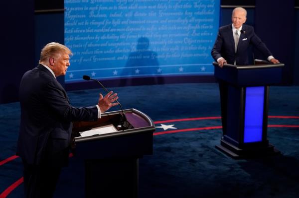 U.S. President Do<em></em>nald Trump speaks during the first presidential debate against former Vice President and Democratic presidential nominee Joe Biden.