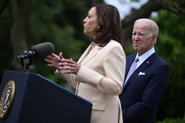  US President Joe Biden looks on as US Vice President Kamala Harris delivers remarks during Natio<em></em>nal Small Business Week