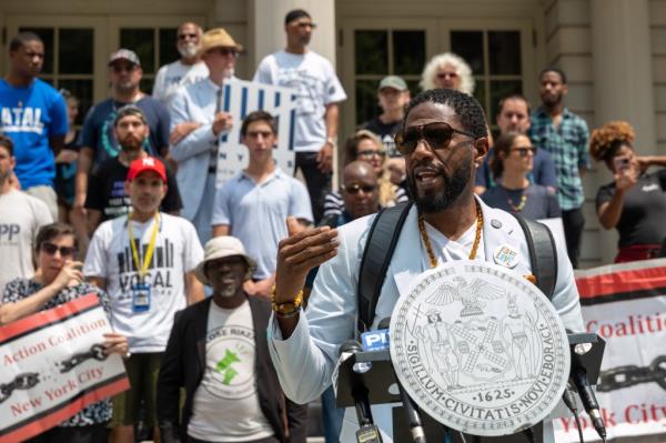 Public Advocate Jumaane Williams speaking at a rally against solitary co<em></em>nfinement outside New York City Hall