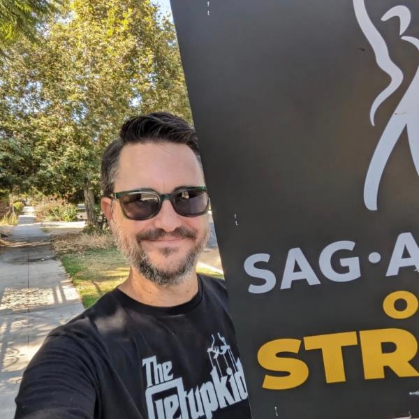 The TV star, 50, joined thousands of actors and entertainers striking in Hollywood and around the country with the Writers Guild of America (WGA).