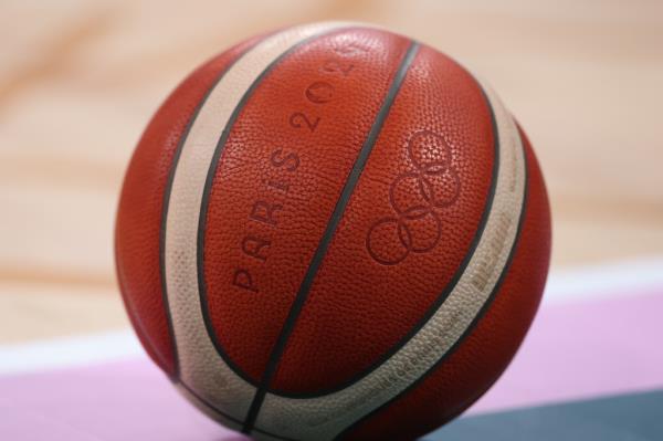 A detail view of the Olympic logo on a basketball during the Women's Group Phase - Group B game between Canada and France on day three of the Olympic Games Paris 2024 at Stade Pierre Mauroy on July 29, 2024 in Lille, France. 