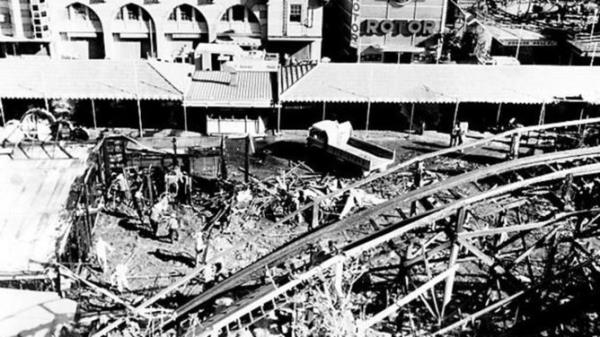 p12// JUNE 10, 1979 : An aerial view of the damage following the fire on the Ghost Train ride at Luna Park in Sydney 10/06/79, which killed 7. pic Bromley.</p>
<p> NSW / Fire</p>
<p> Australia's First Century</p>
<p> Historical