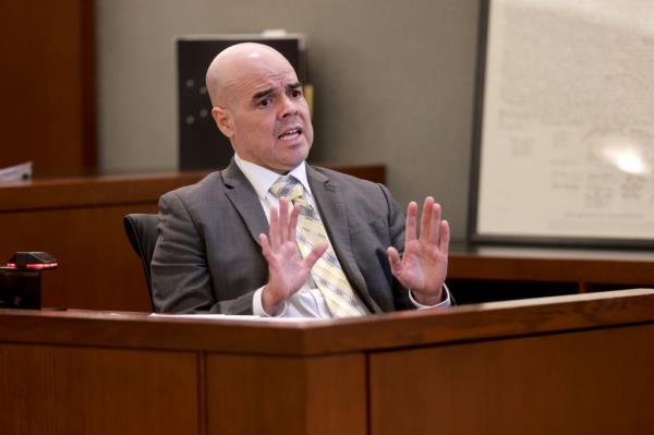 Robert Telles speaks to the jury from the witness stand on the eighth day of his murder trial at the Regio<em></em>nal Justice Center in Las Vegas Wednesday, August 21, 2024.