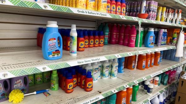 Cleaning products on Dollar Tree shelves