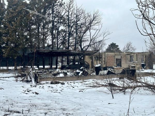 Snow covers a home that was destroyed by the Smokehouse Creek fire in Stinnett, Texas on Thursday, Feb. 29, 2024.