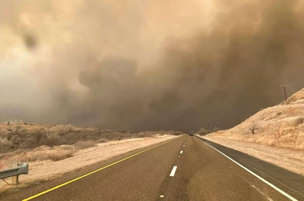 Heavy smoke from the Windy Deuce wildfire can be seen in the Panhandle region of Texas.