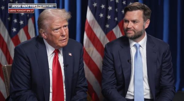 Do<em></em>nald Trump and JD Vance in a sit down interview with Jesse Watters.