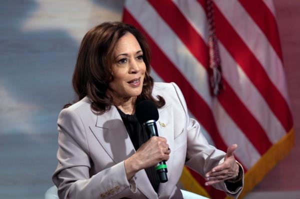 Democratic presidential nominee Vice President Kamala Harris Vice is interviewed by Natio<em></em>nal Association of Black Journalists members To<em></em>nya Mosley, and Gerren Keith Gaynor, with moderator Eugene Daniels, at the WHYY studio in Philadelphia, Tuesday, Sept. 17, 2024.