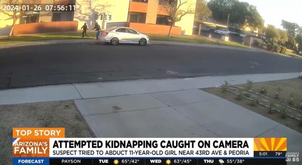 The suspect is seen getting out of his car and chasing after the girl as she walked to school.