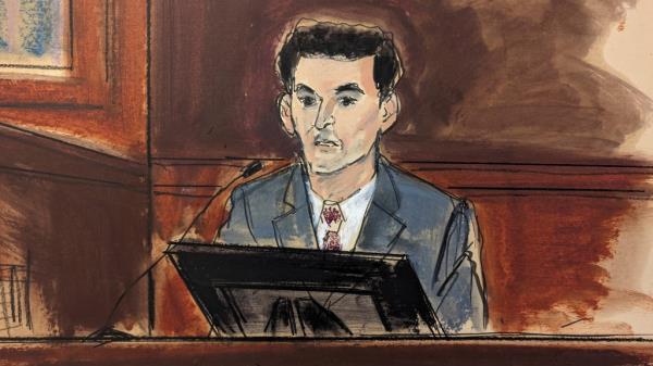 In this courtroom sketch, FTX founder Sam Bankman-Fried testifies during his trial in Manhattan federal court, Thursday, Oct. 26, 2023